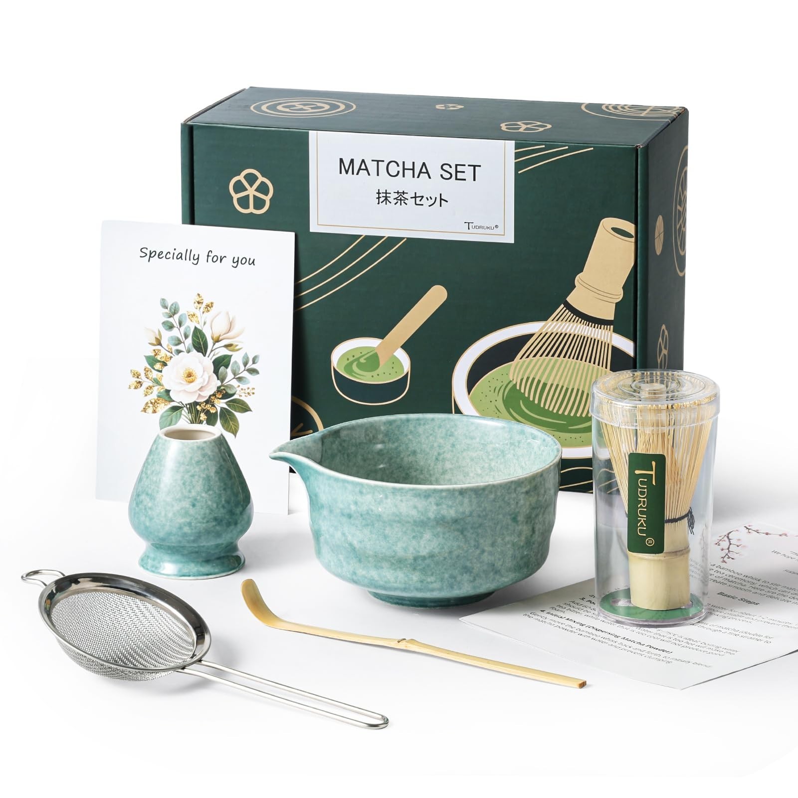 Matcha Whisk Set - Bamboo Whisk and Holder, Bowl with Spout (17 oz), Matcha S...