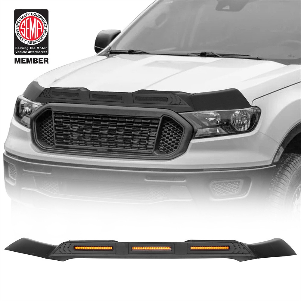 Fit 19-23 Ford Ranger Hood Protector Stone Guard Bug Deflector w/ 3x Amber Light