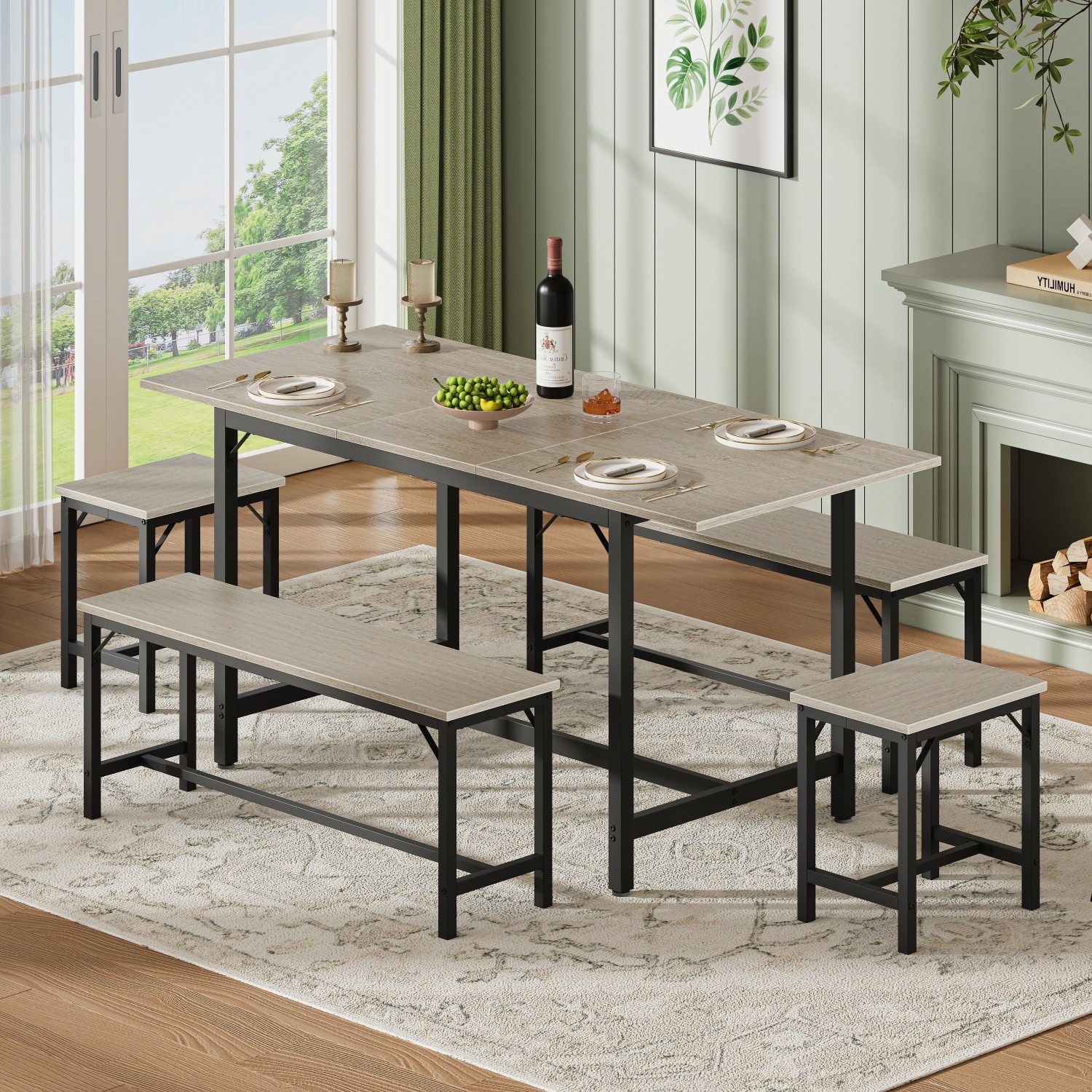5 Piece Extendable Dining Table Set Wood Tabletop Steel Frame 2 Benches 2 Stools