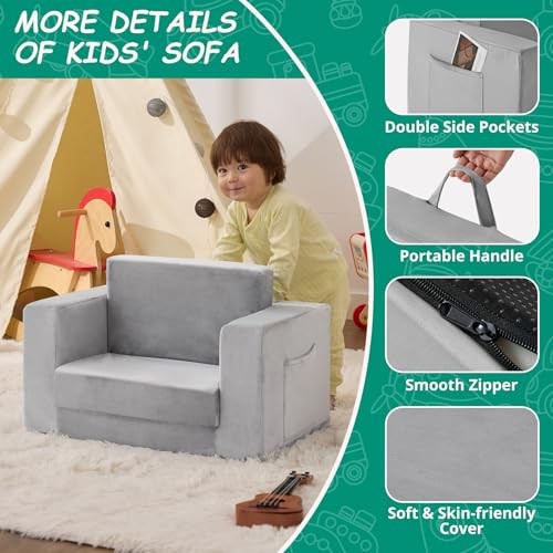 Kids Couch, 2-in-1 Toddler Chair Comfy 1-3 Years Old, Standard Grey