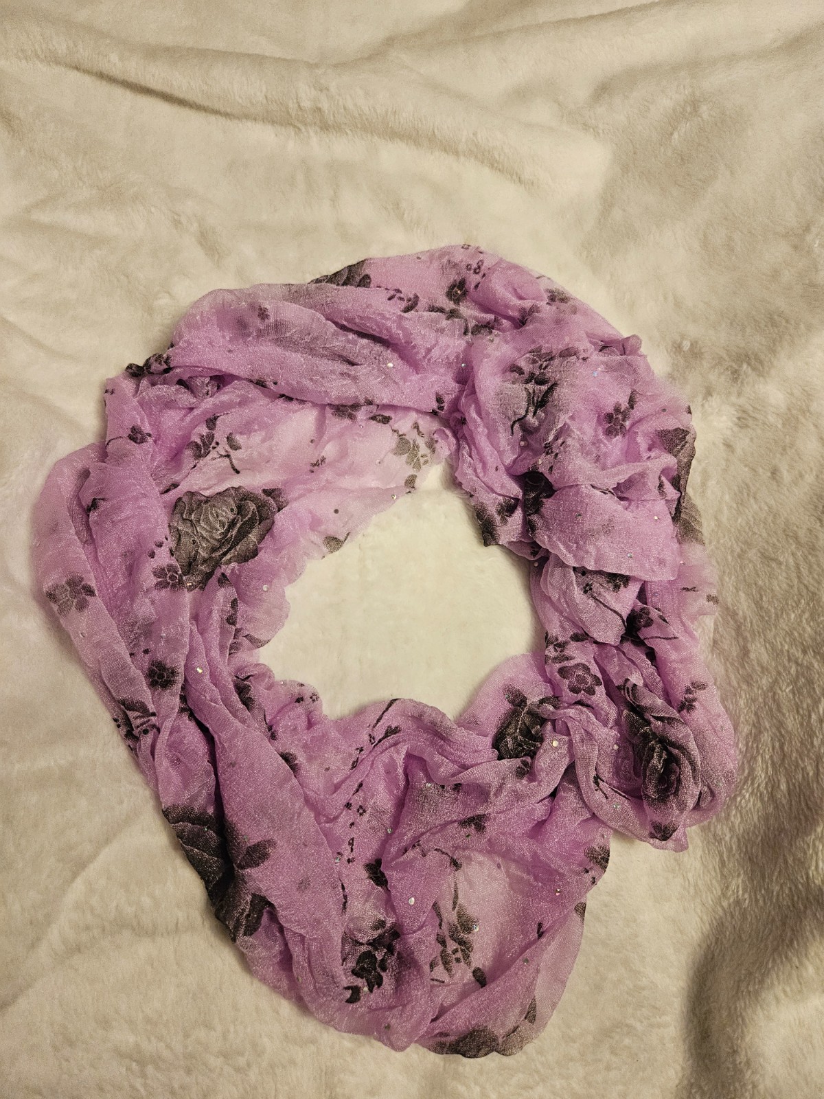 Pink/Lavender Sheer Scarf with Black Rose Print & Sparkle Accents – 70"x20" NWOT