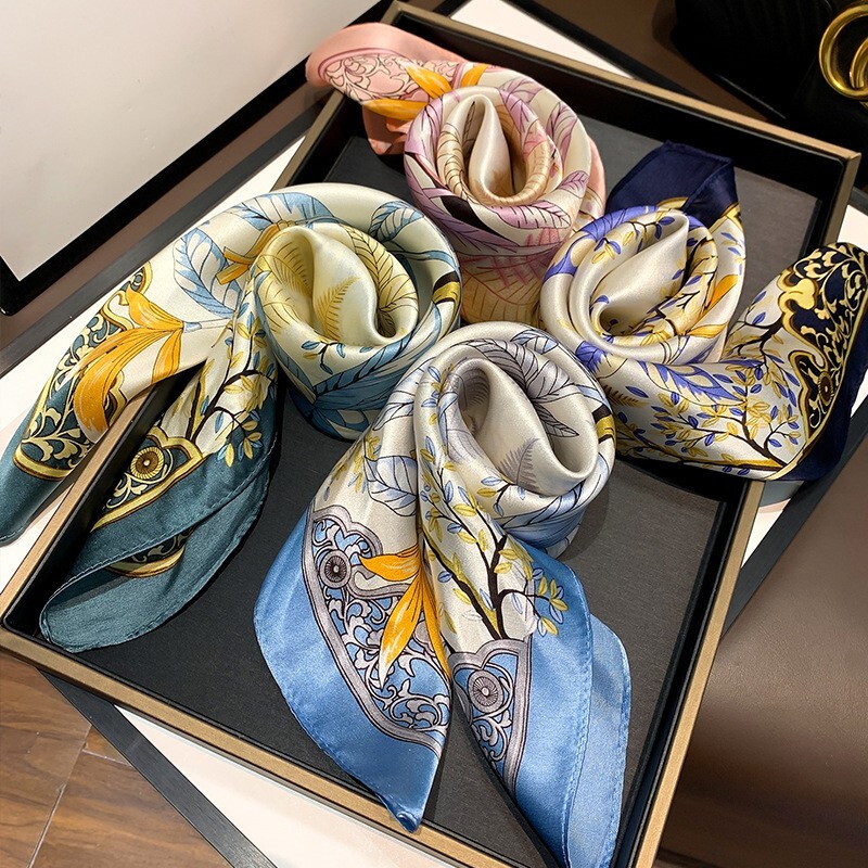 100% Silk Scarf Women Vintage Pink Flower Kerchief Small Square Bandana 53*53cm