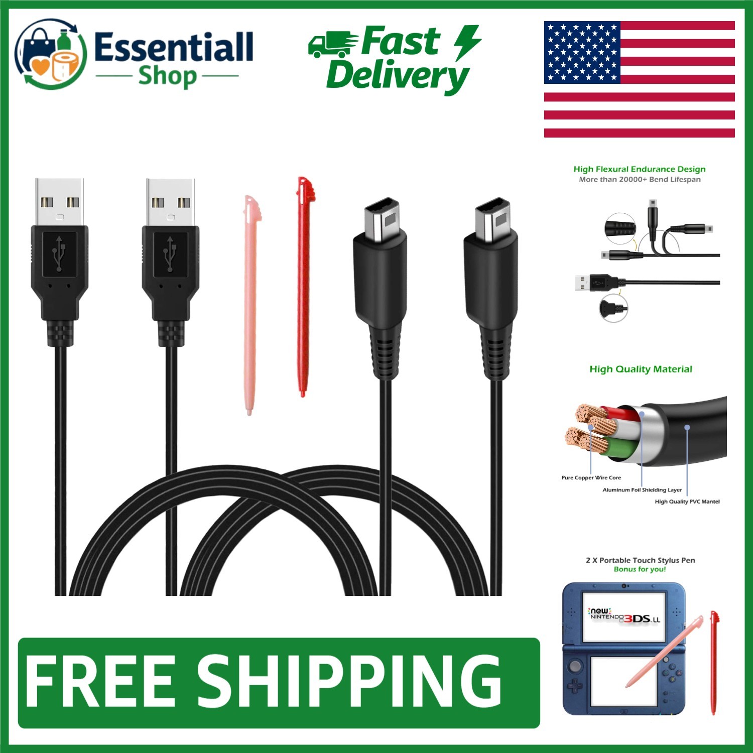 Extra Long 3.9ft USB Charger for Nintendo 3DS/2DS - 2 Pack with Stylus Included