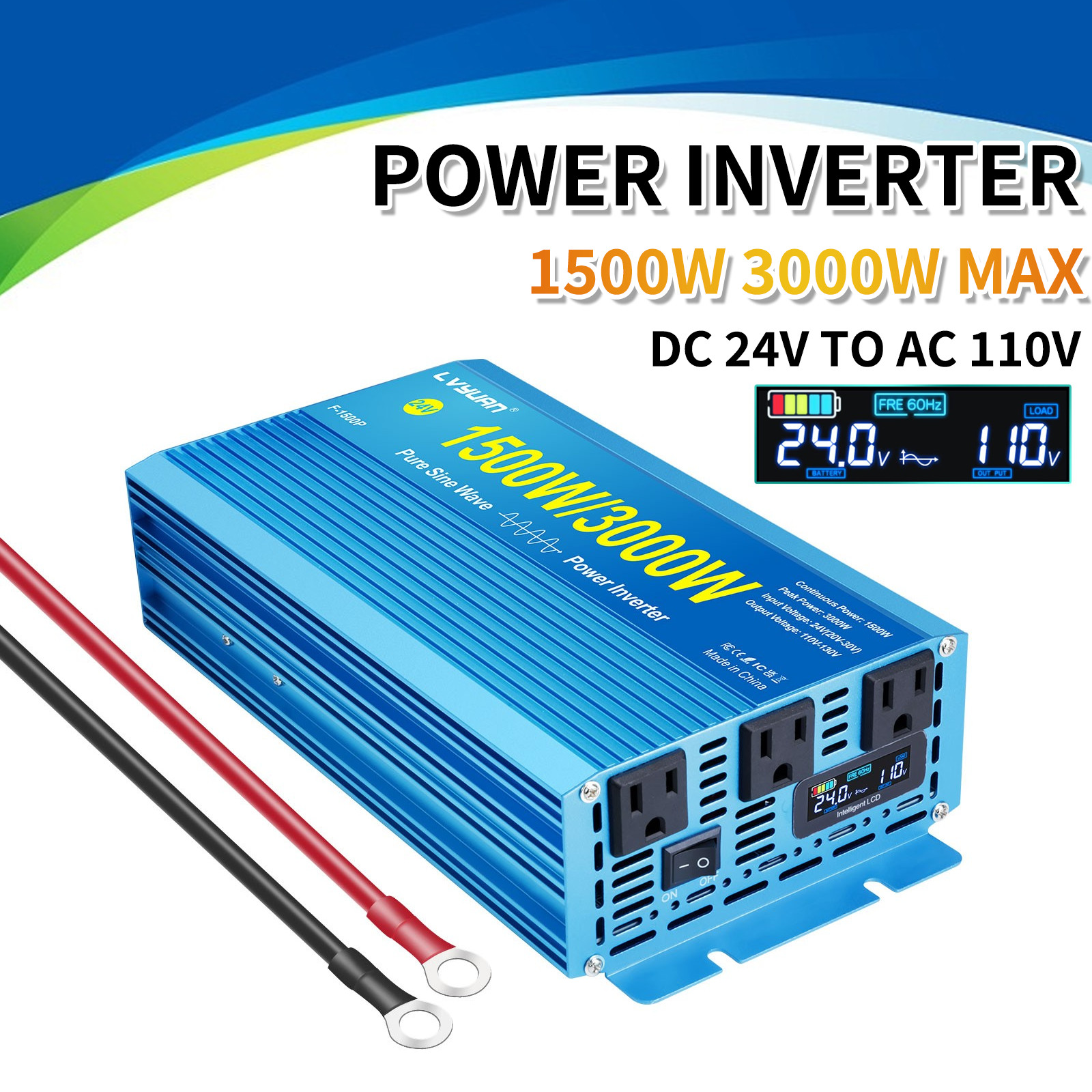 1500W 3000W Pure Sine Wave Power Inverter DC 24V to 110V AC Converter LCD + 3AC