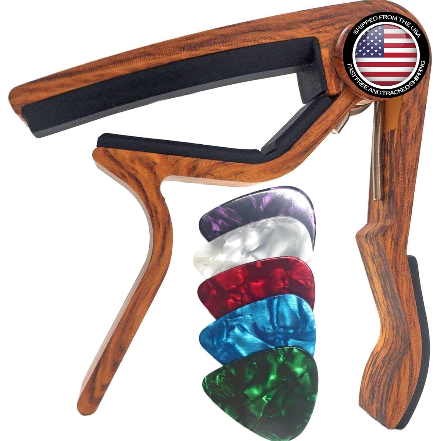 Elegant Rosewood Guitar Capo with 5 Picks - Perfect for Acoustic & Electric