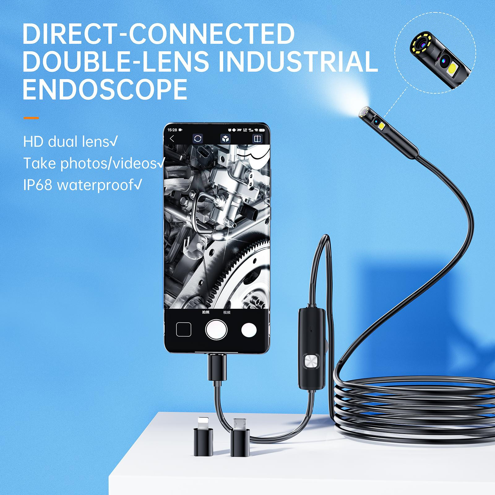 LED Light Inspection Endoscope Tool Dual Camera HD Adjustable Light