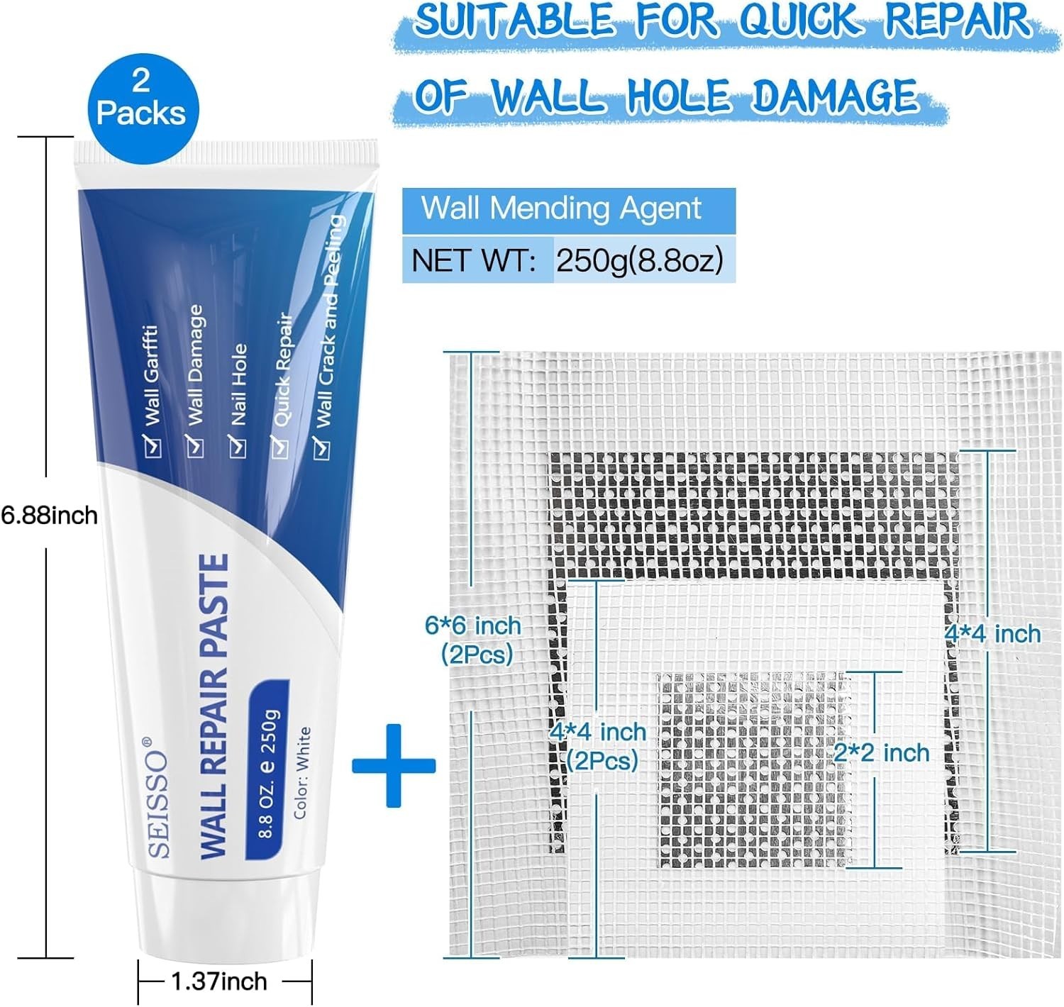 Ultimate Wall Repair Paste Kit - 2x250g with 4 Patches & Scraper for Fast Fixes