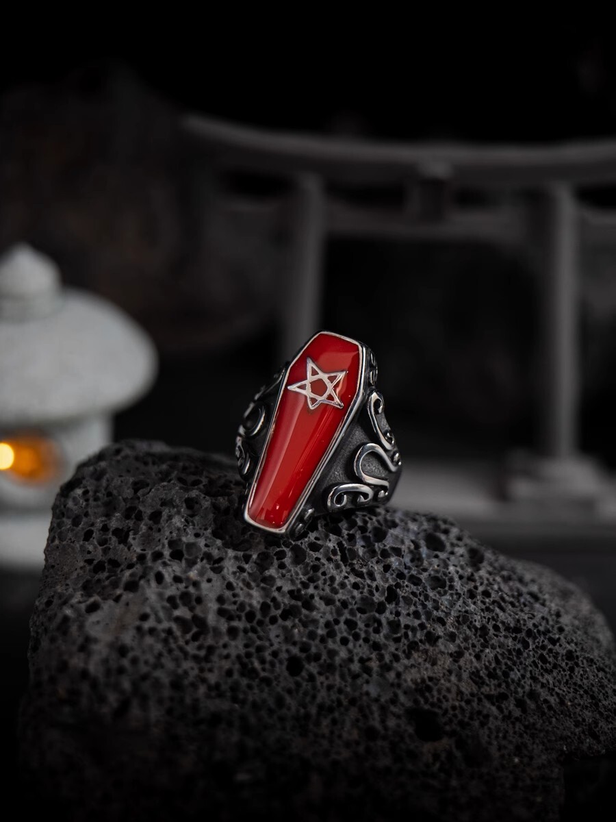 hangsworld Devil's Heart Dark Inverted pentacle Retro Red Drip Glue Ring