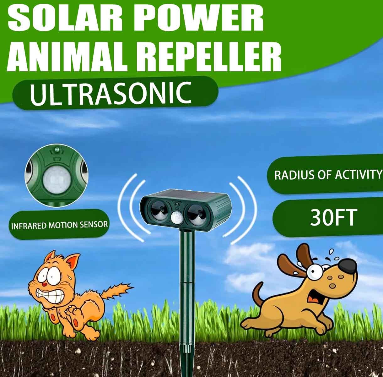 Solar Ultrasonic Repeller for Dogs, Cats, Livestock, Wildlife, Rodents, Snakes