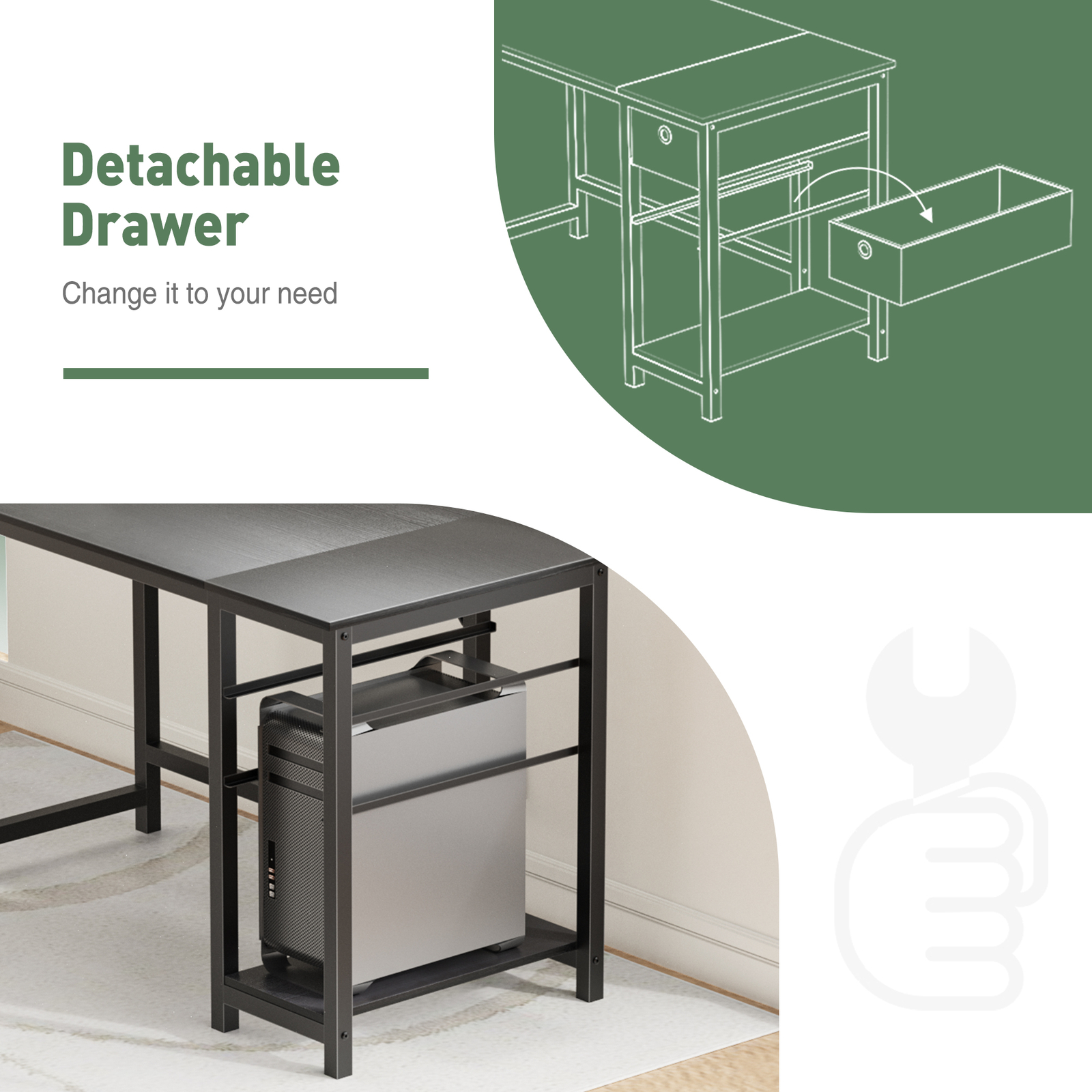 Office Computer Desk with 2-Tier Drawer Storage, Side Headphone Hook, Two Size