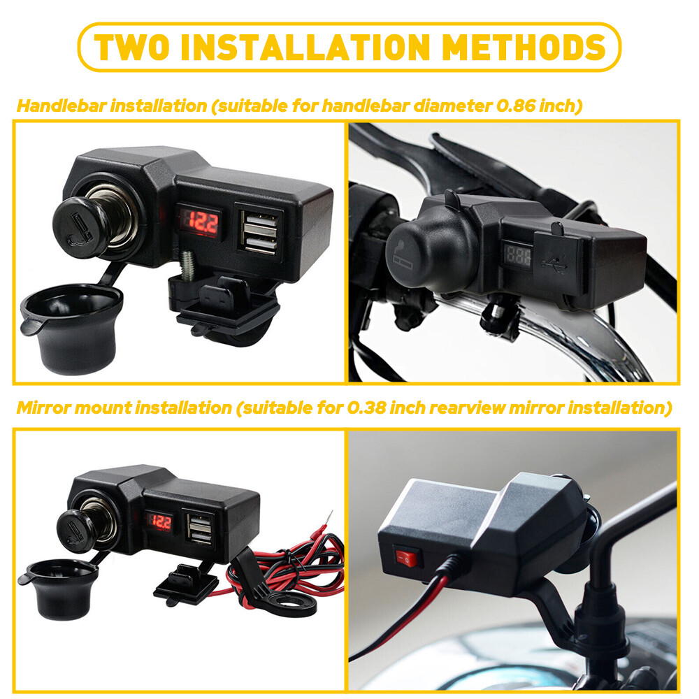 Motorcycle Handlebar Dual USB Phone Charger Cigarette Lighter Socket Voltmeter