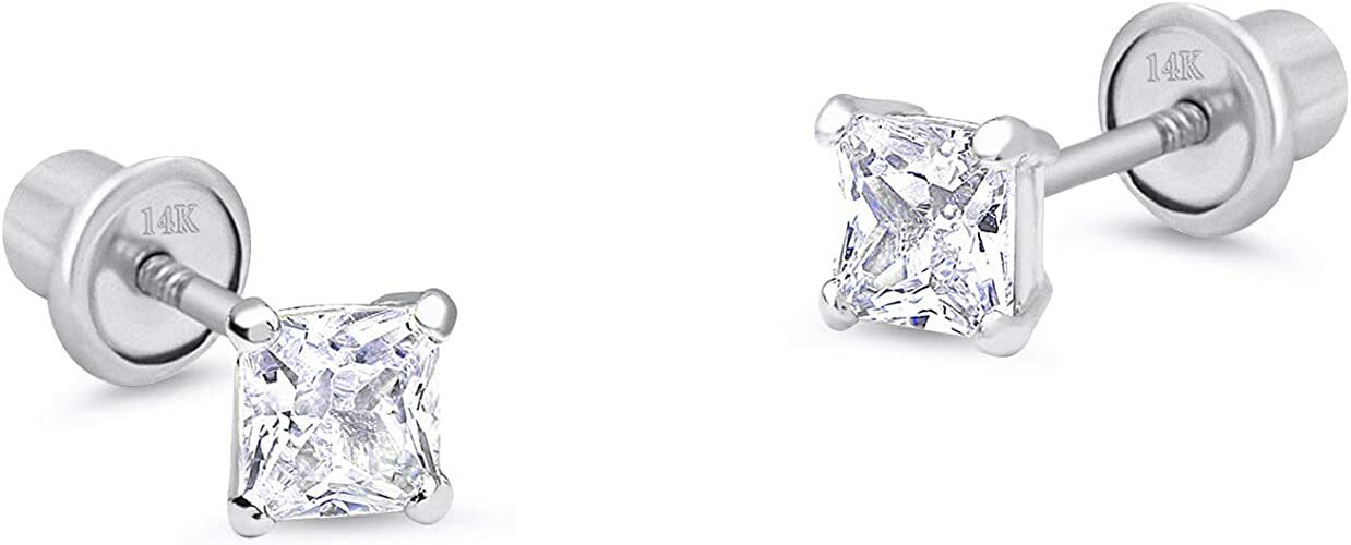 Princess Diamond Tiny Stud Screw back Earrings in Solid 14k White gold