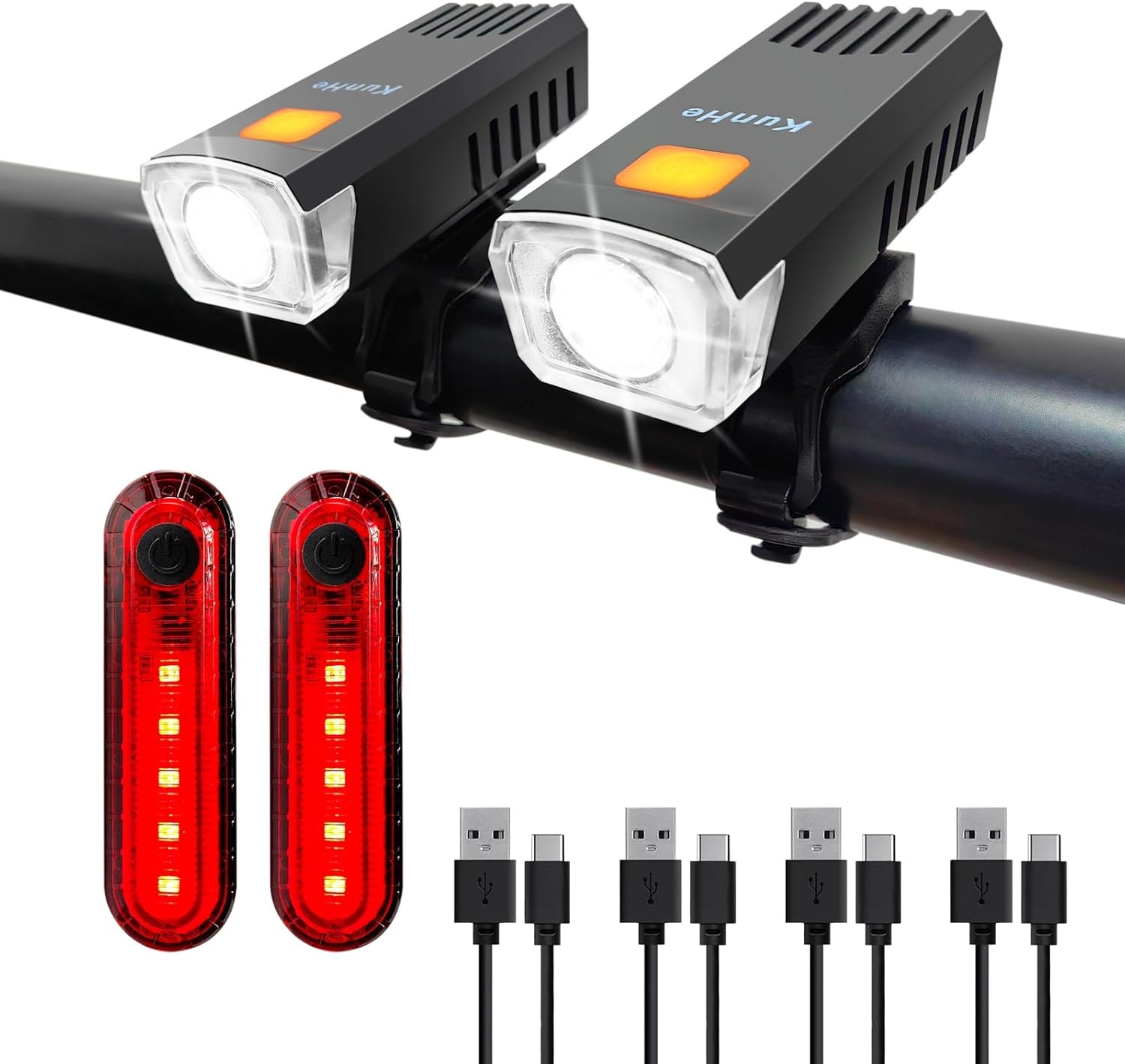 Kunhe USB-C Rechargeable Bike Lights Front and Rear(2or4 or 10 2 Set, Black