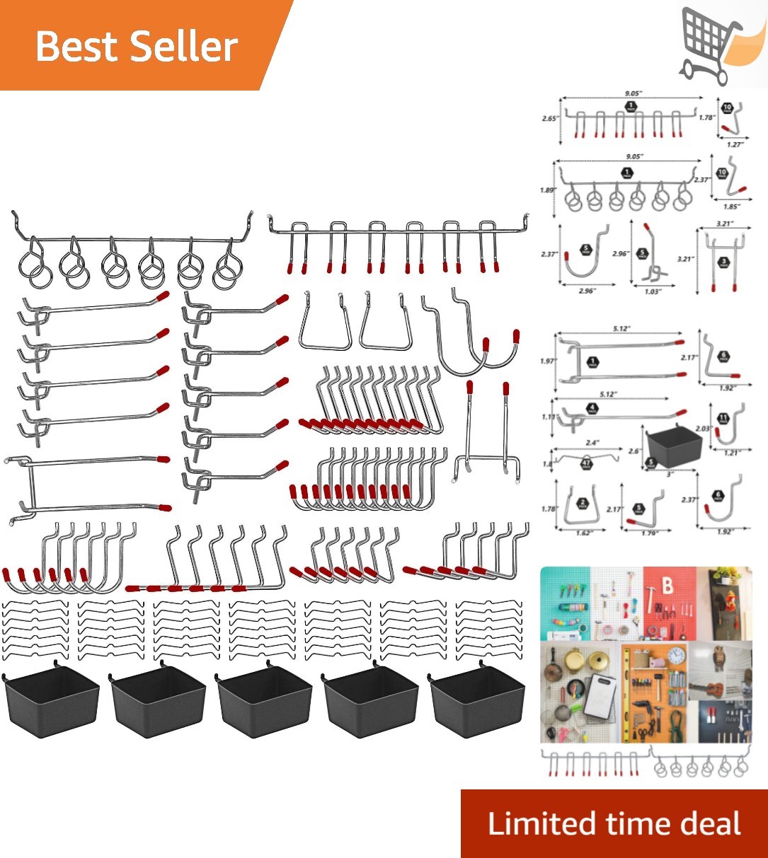 114 pcs Pegboard Hooks Assortment Metal Bins Locks Wall Mount Storage