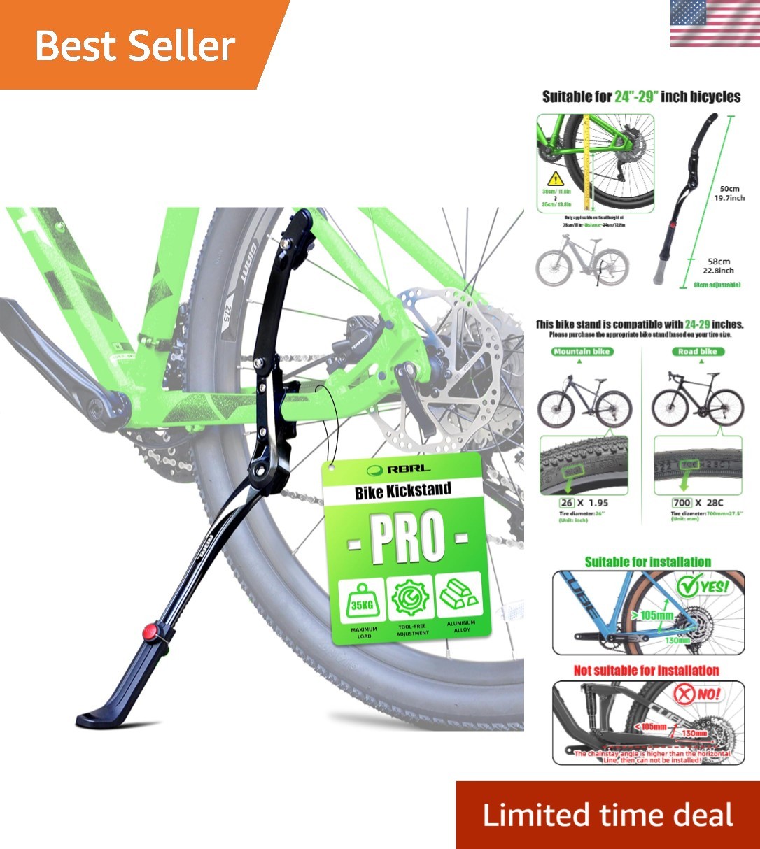 Bike Kickstand Aluminum Alloy Universal for 26 29 Inch Bikes Stable Adjustable
