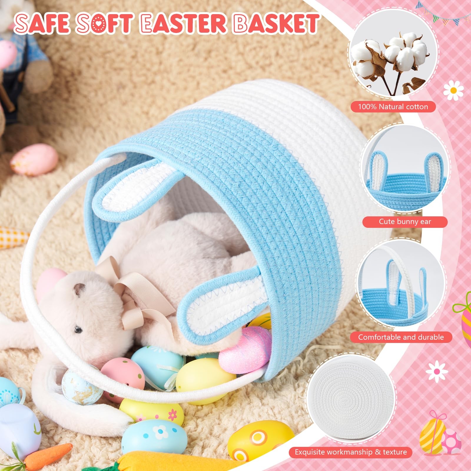 Blue White Cotton Rope Easter Bunny Basket Empty With Handle Velvet Drawstring