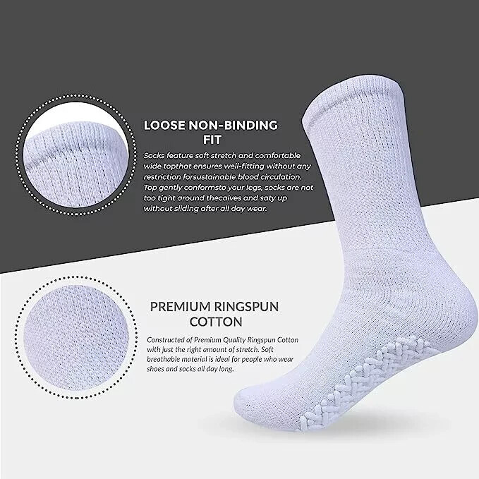 6-12 Pairs Non skid Crew socks Black Non Binding Loose Fit Top Cotton Gripper