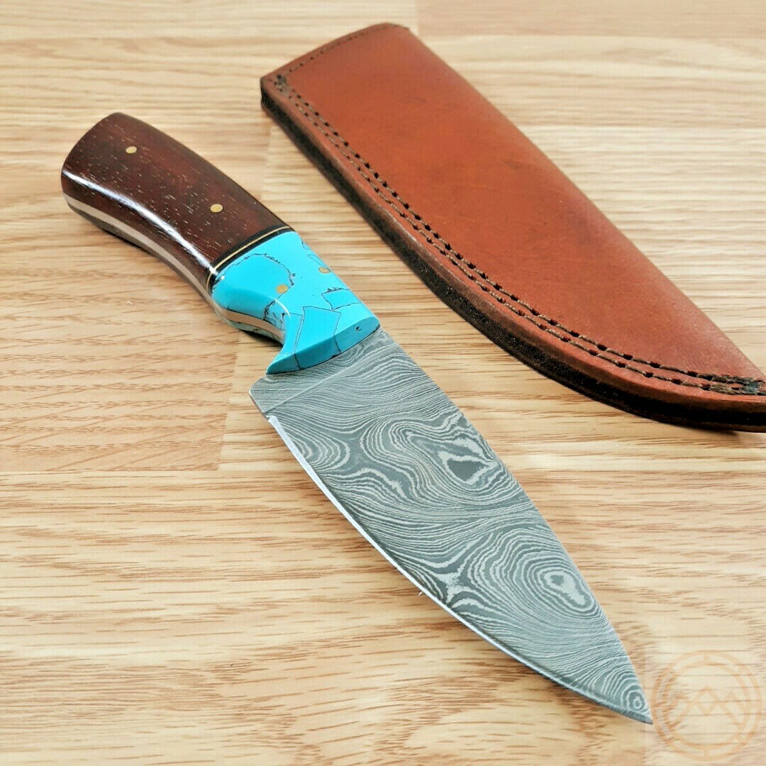 Damascus Fixed Knife 4" Steel Full Tang Blade Redwood Turquoise Handle w/Sheath