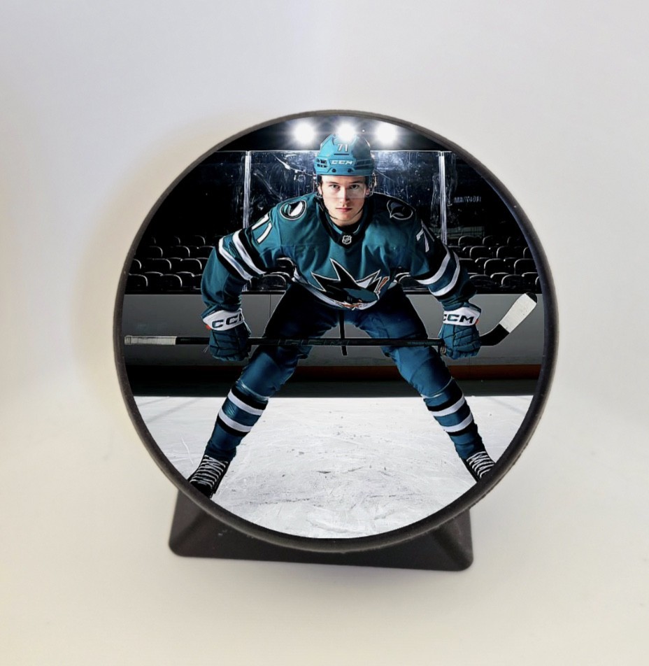 Macklin Celebrini Hockey Puck With Stand