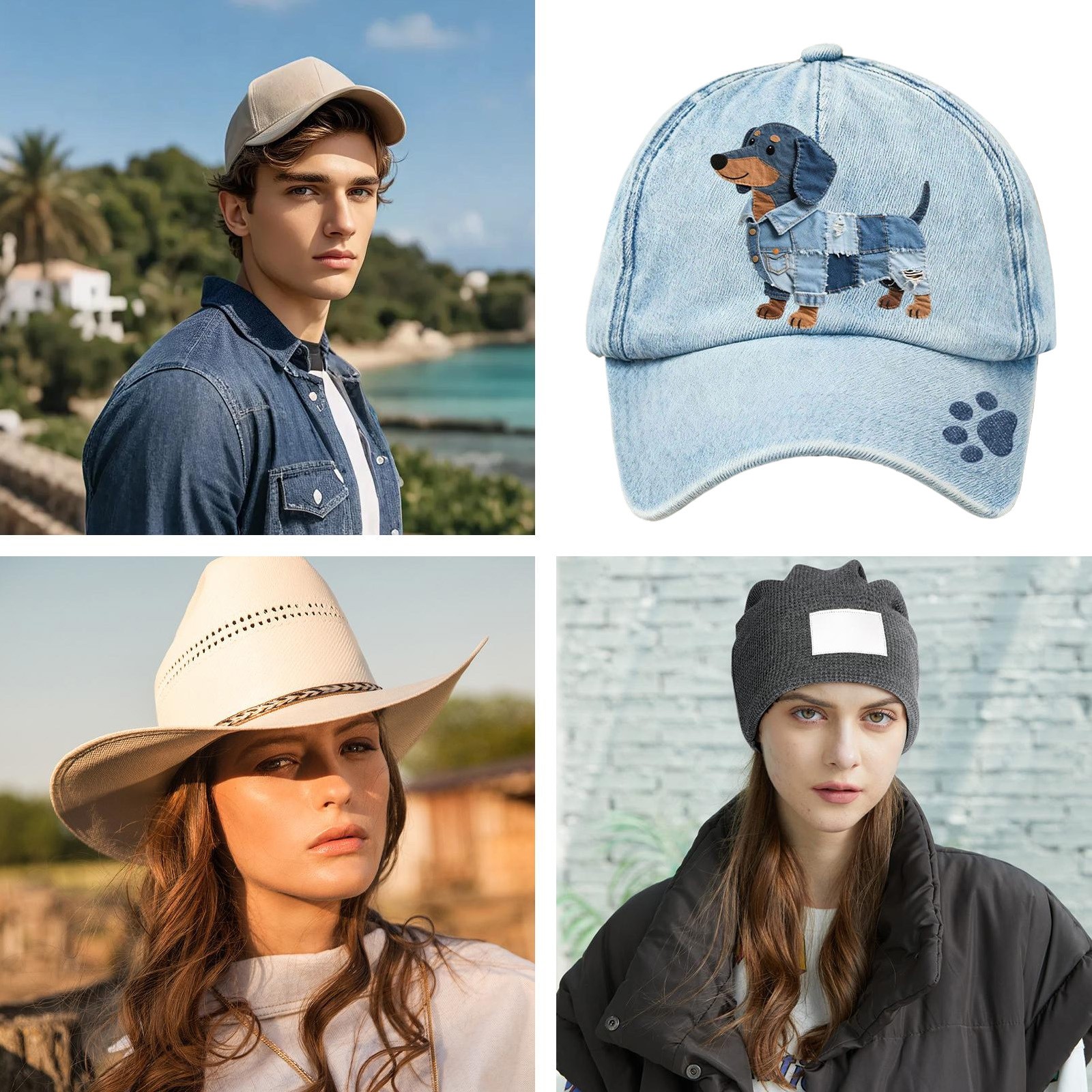 Denim Hat Cute Funny Breathable Adjustable Dog Printed Men Denim Baseball Hat