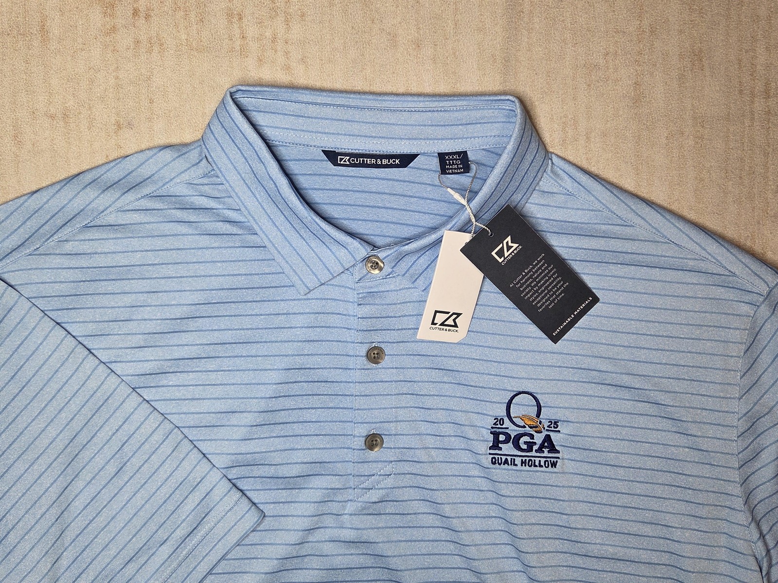 PGA Quail Hollow Shirt Mens XXXL Blue Striped Golf Polo Cutter & Buck 2025