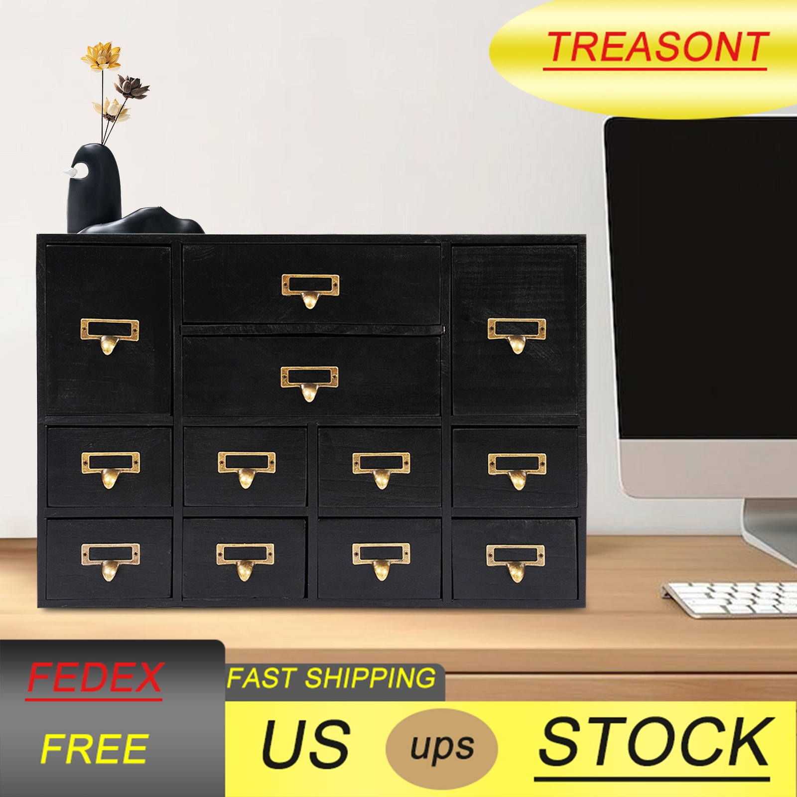 Desk Organizer with 12 Drawers Wooden Desktop Storage Cabinet Storage Box Case