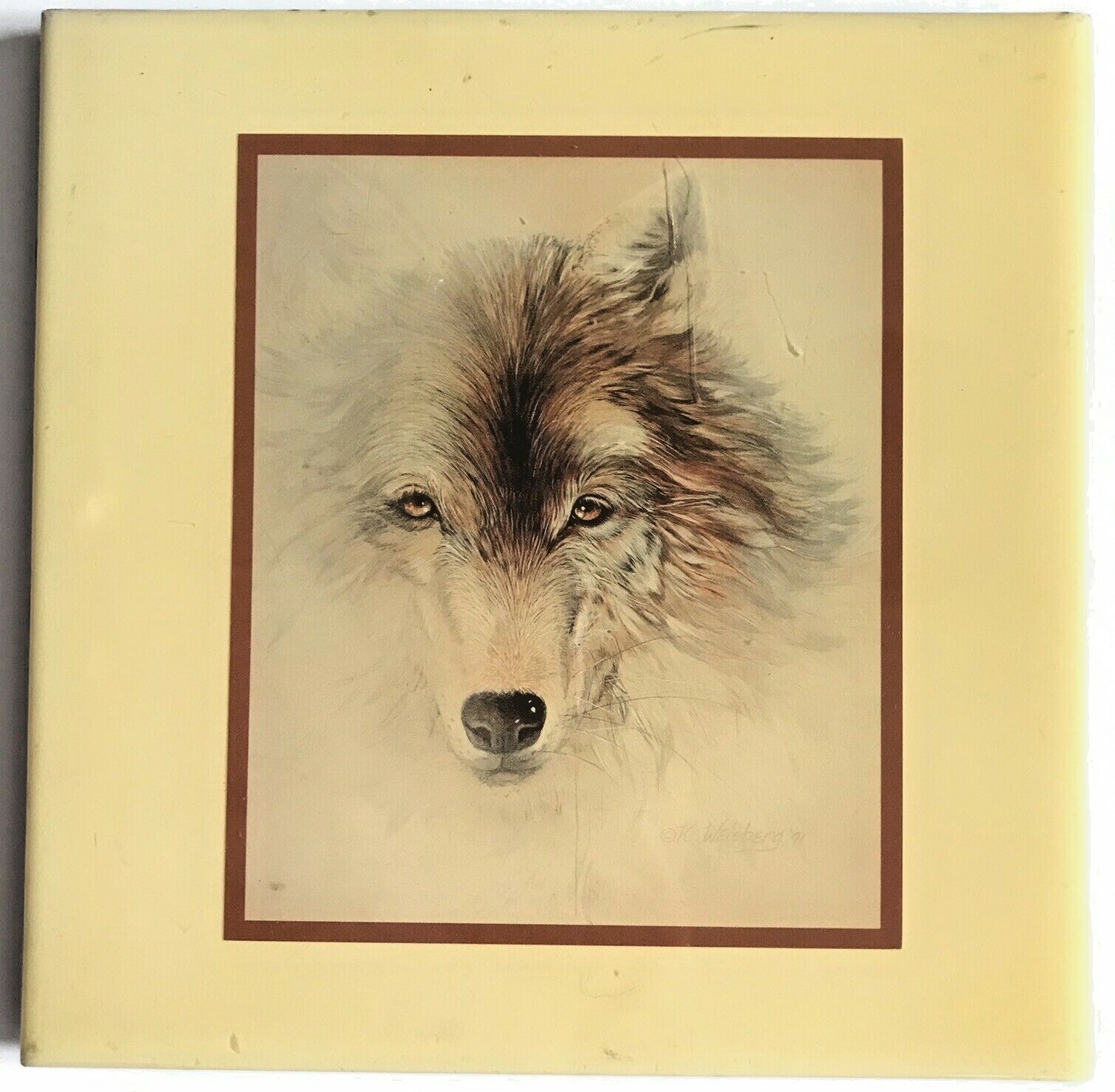 VINTAGE ART TILE RED WOLF-WHITE LIGHT KATHRYN WEISBERG  8X8" COLLECTIBLE
