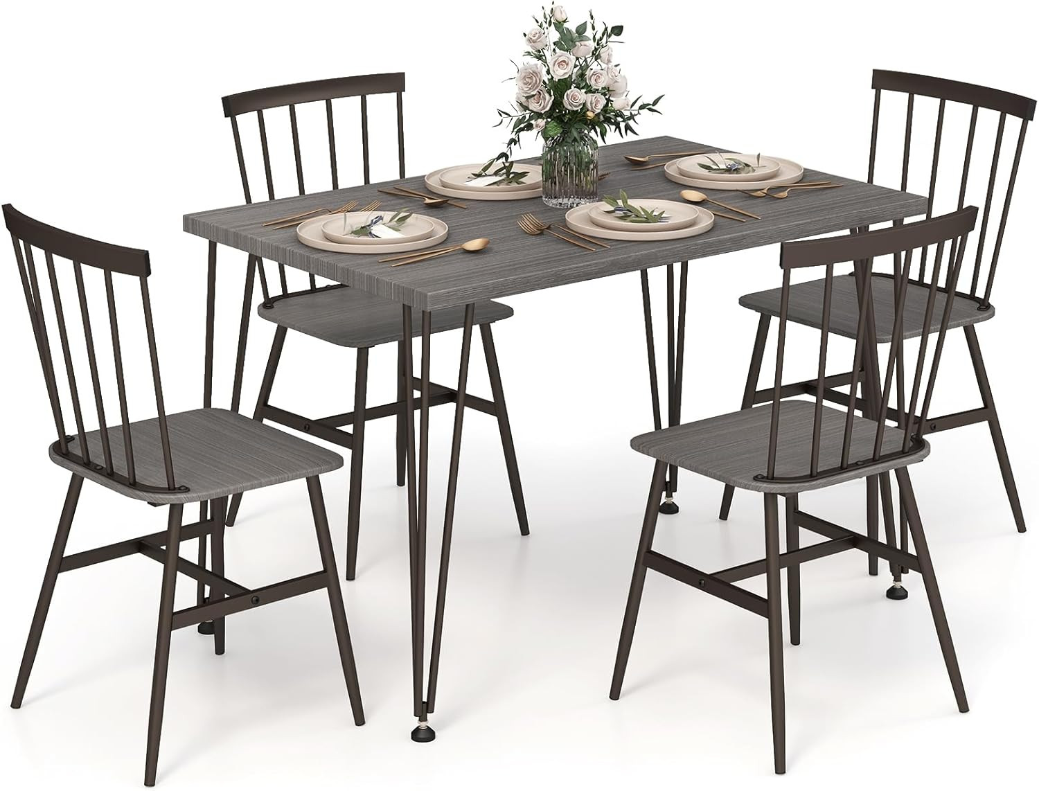 4-Piece Grey Oak Dining Table Set with Swivel Chairs - Space-Saving Design