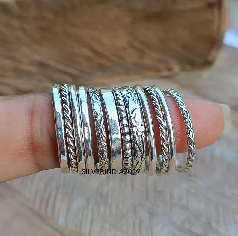 Sterling Silver Stacking Ring Set: Assorted Patterns, Thin & Thick, Handmade