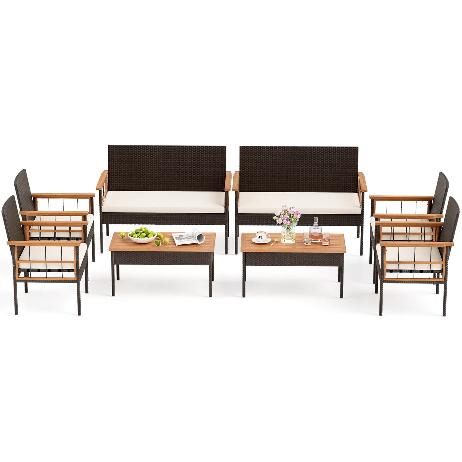 8 PCS Wicker Furniture Set w/Acacia Wood Tabletop Armrests Cushions for Backyard
