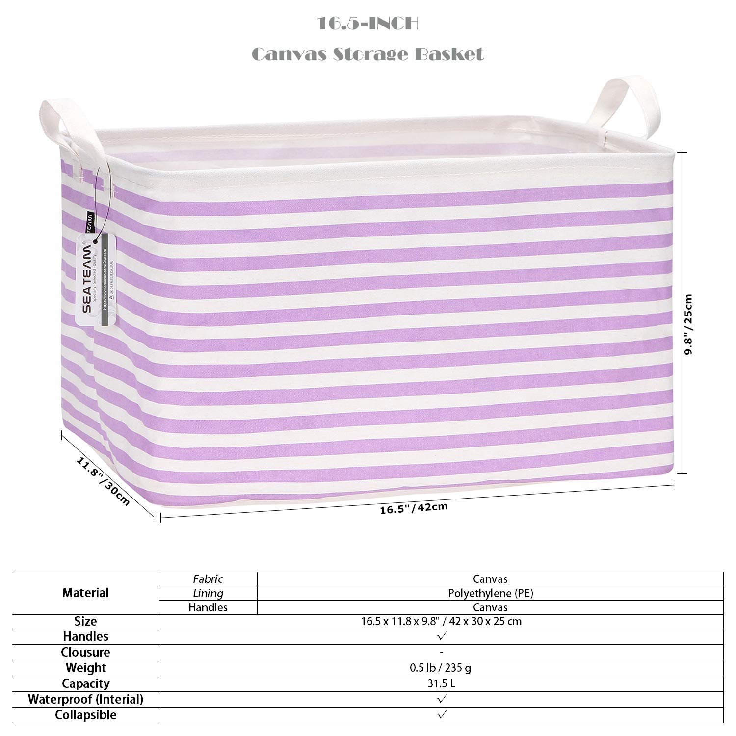 Collapsible Canvas Fabric Storage Basket with Handles, Rectangle Waterproof S...