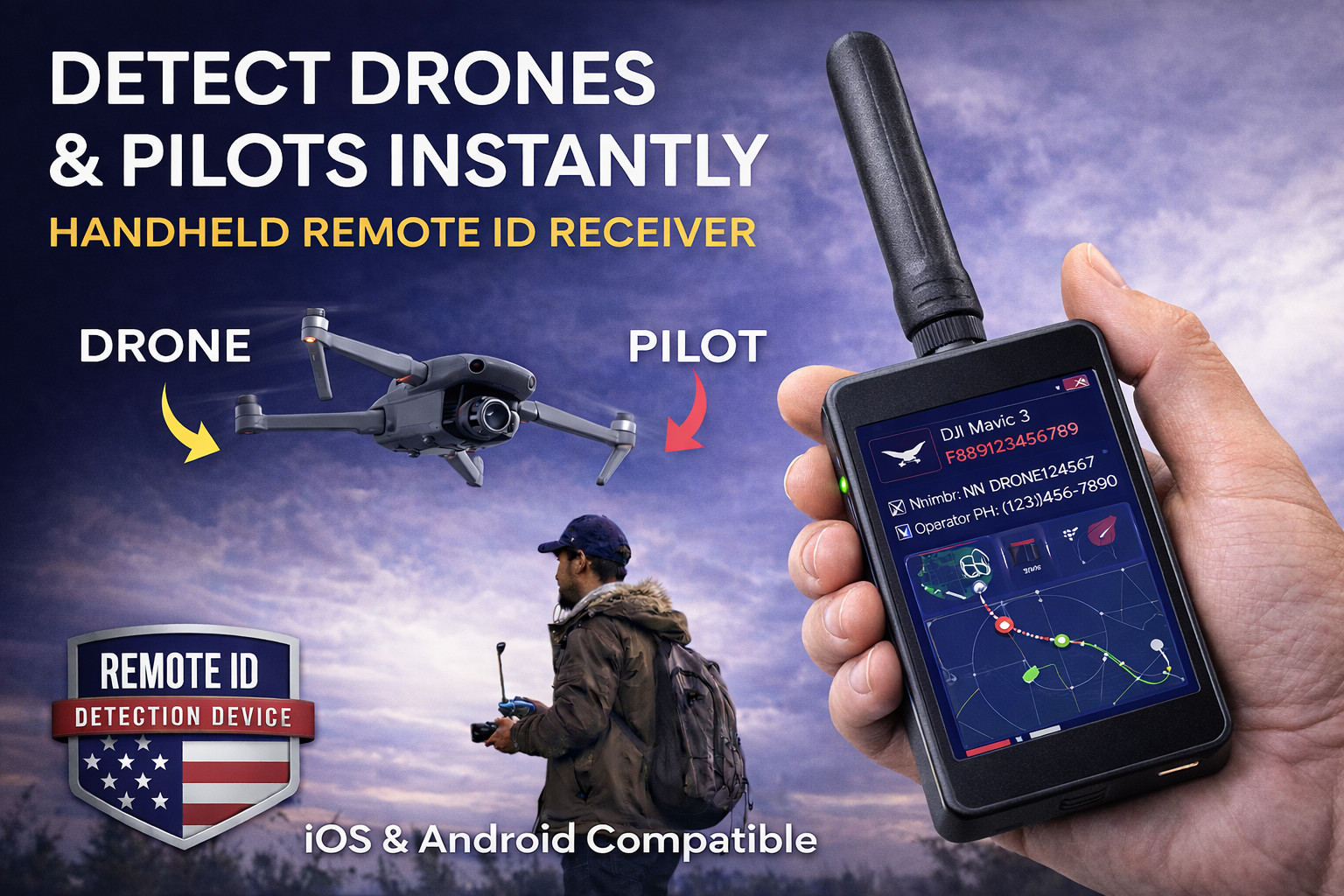 Portable Drone Detection Device – Remote ID UAV & Pilot Tracking System iOS Andr