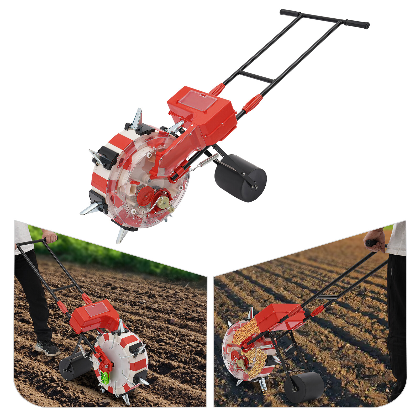 Manual Seeder 7 Nozzles Handheld Seeding Machine Hand Push Roller Seeder Red