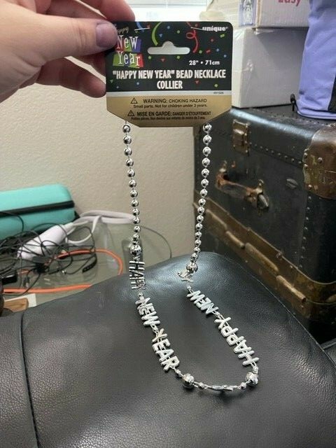 Unique Happy New Year Plastic Silver Bead Necklace 28" New!!!