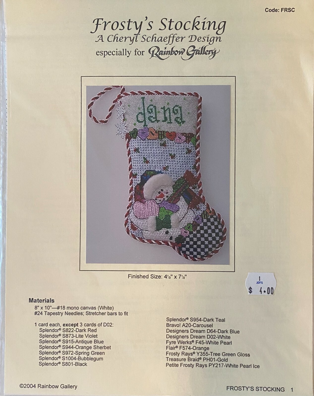 Needlepoint Chart - Rainbow Gallery, Frosty's Stocking  FREE SHIPPING