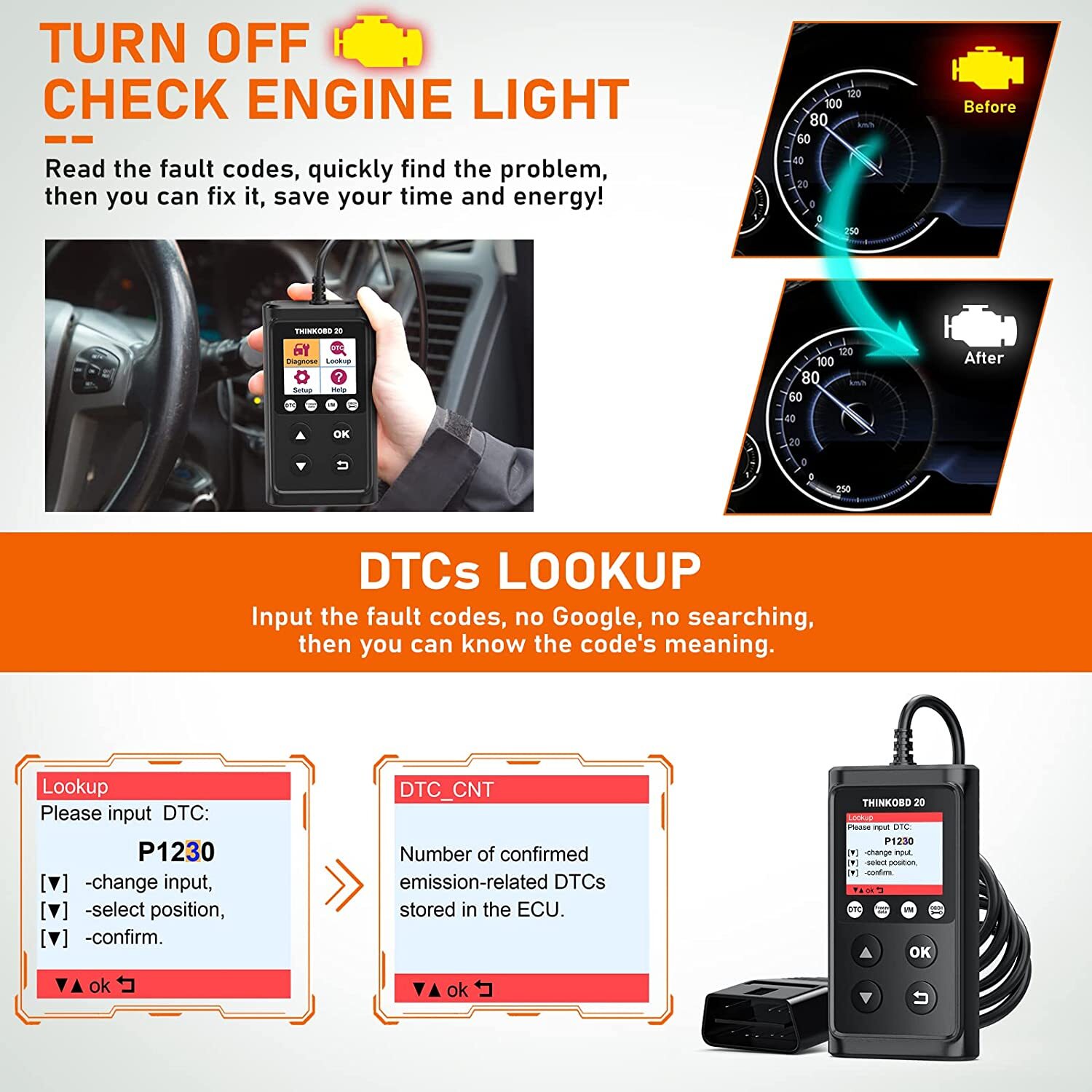 THINKOBD 20 Auto Code Reader OBD2 Scanner Car Check Engine Fault Diagnostic Tool