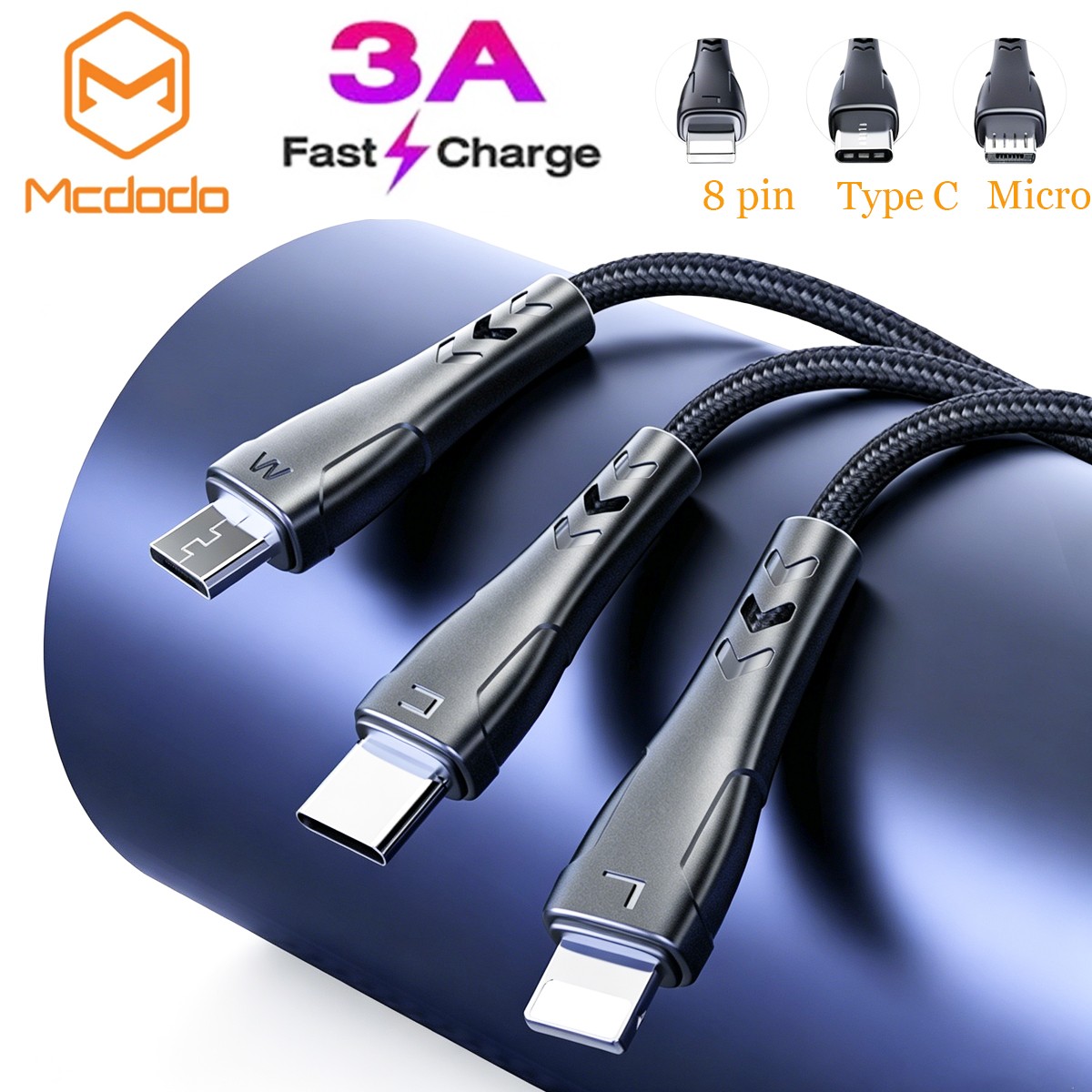 Mcdodo 3 In 1 Nylon Cable iPhone/Micro Usb/Type C Sync Charge For All Devices