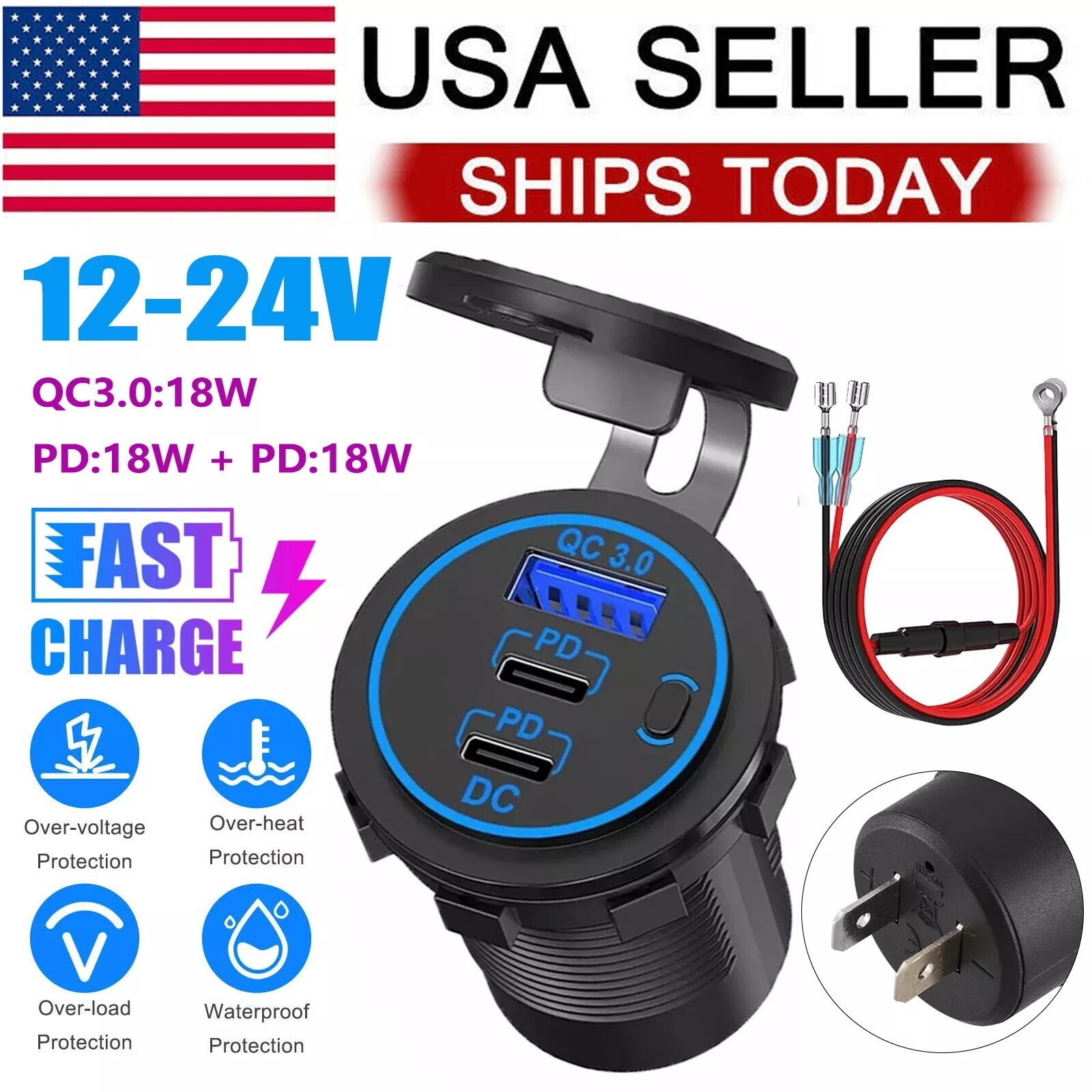12-24V 3 Port Fast Car Charger USB 3.0 & PD  Type C Outlet Socket for Boat RV