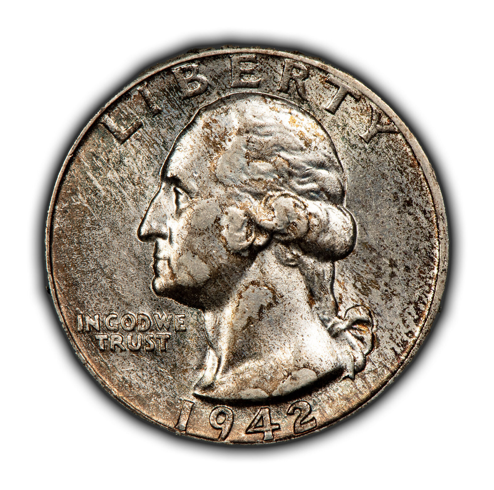 1942 25c Silver Washington Quarter - Colorful Toning - Frosty BU - SKU-Z4360