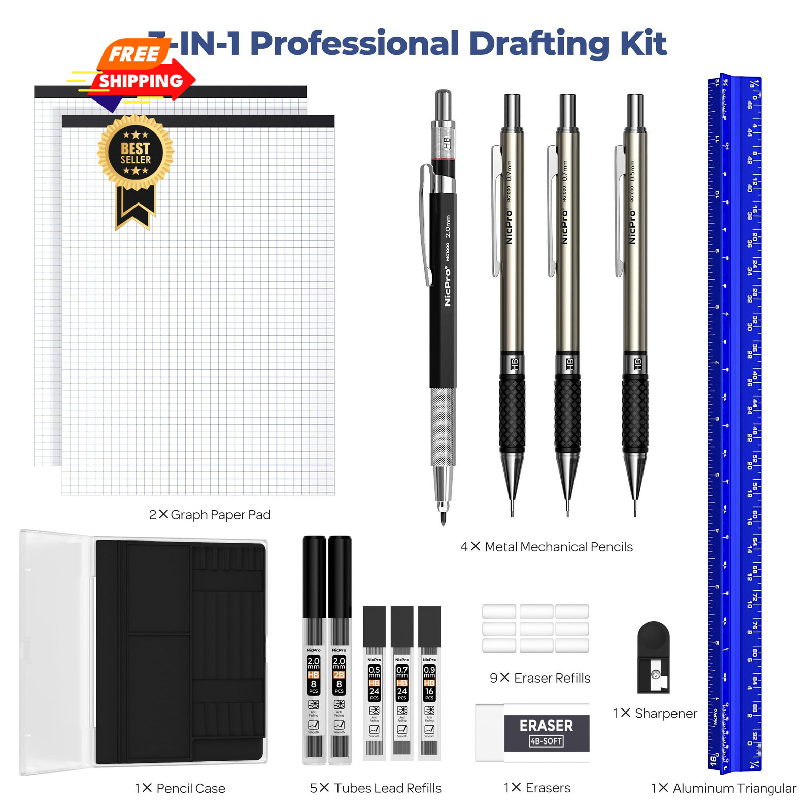 Nicpro 16PCS Drafting Tool Geometry Set with 12'' Architectural Scale Ruler
