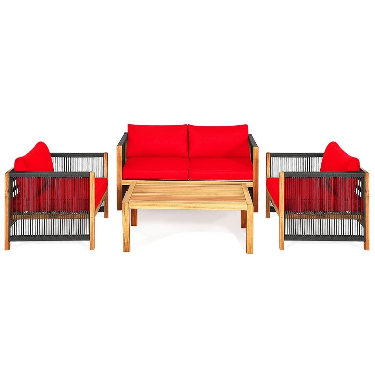 Patiojoy 4PCS Acacia Wood Patio Furniture Set Cushioned Sofa W/Rope Armrest Red