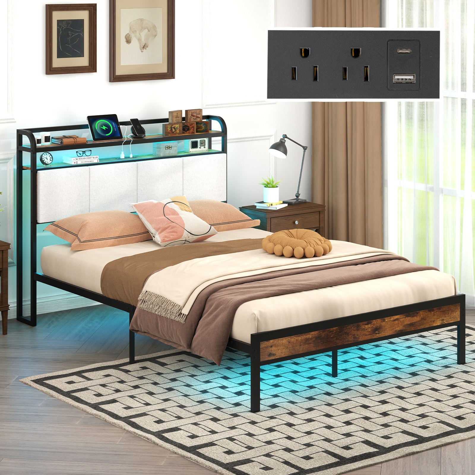 Full Size Bed Frame w/LED Light & Charging Station Heavy Duty Metal Platform Bed