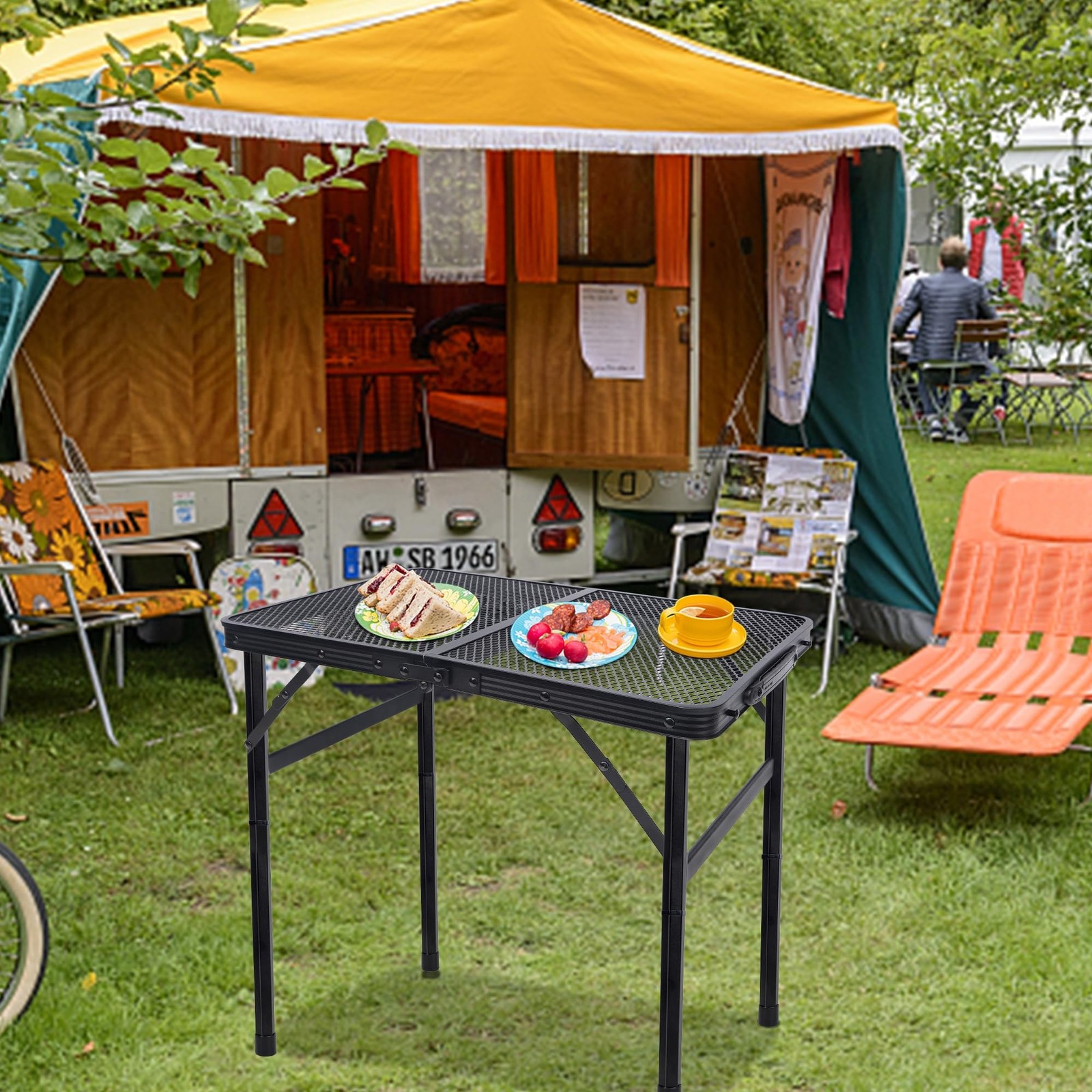 FORUP Small Folding Camping Table w/ Mesh Desktop, Portable, Adjustable Height