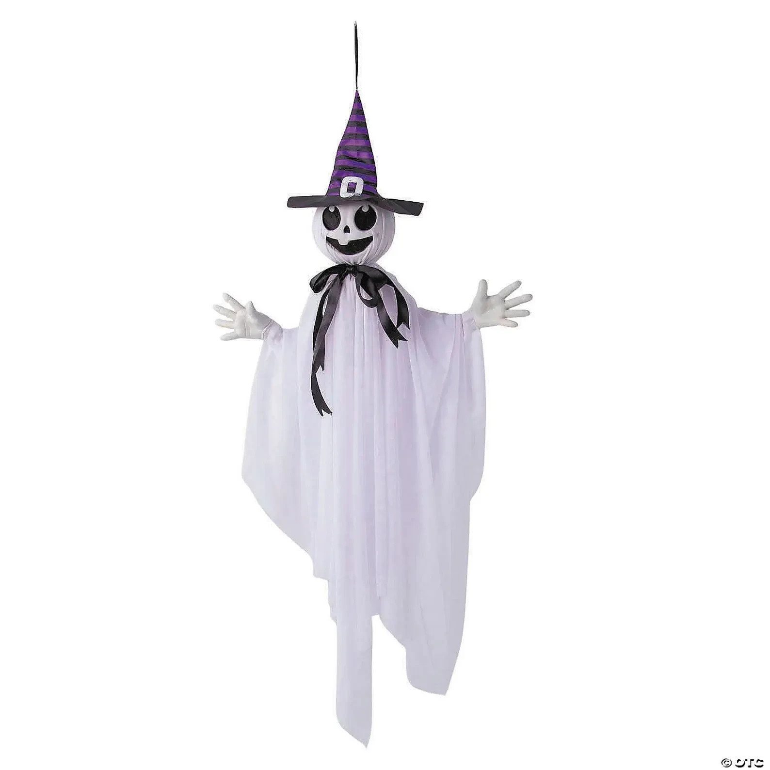 39 1/4" Animated Hanging Smiling Ghost with Witch Hat & Black Bow Halloween Prop