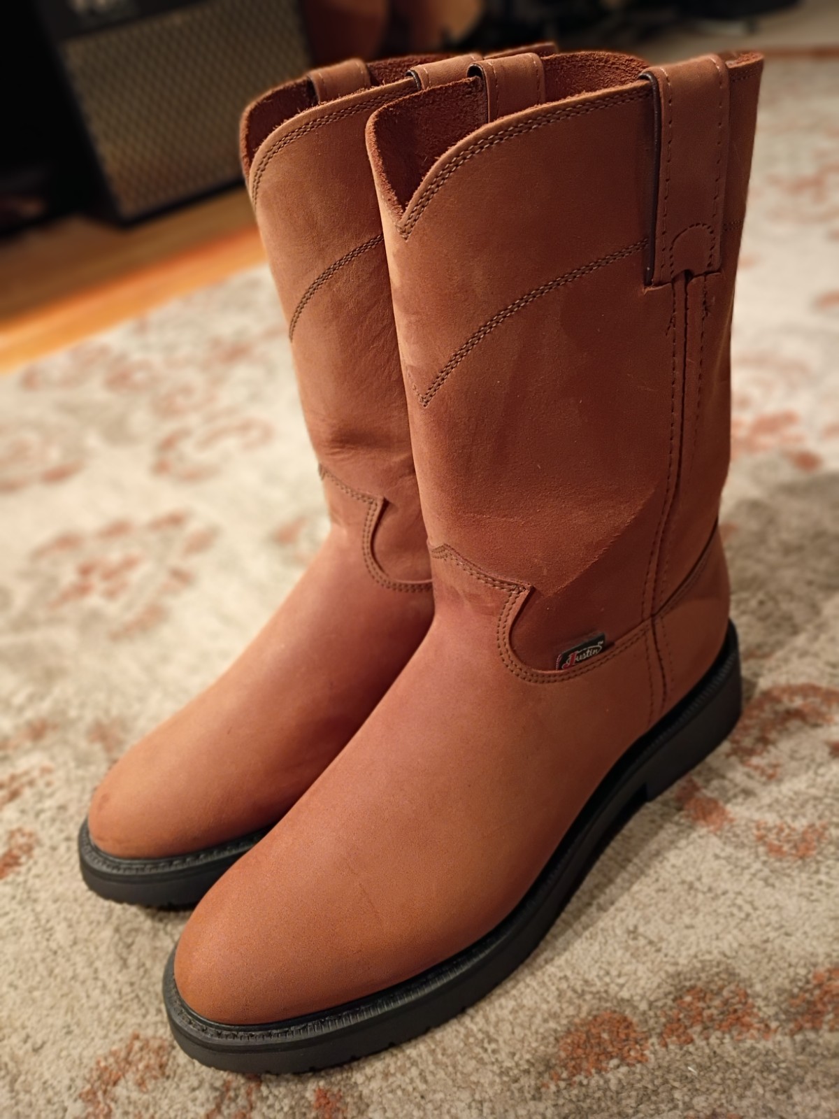 JUSTIN CONDUCTOR TAN BRUSHED LEATHER S TOE WELLINGTON WORK BOOTS #4760 MENS 9.5D