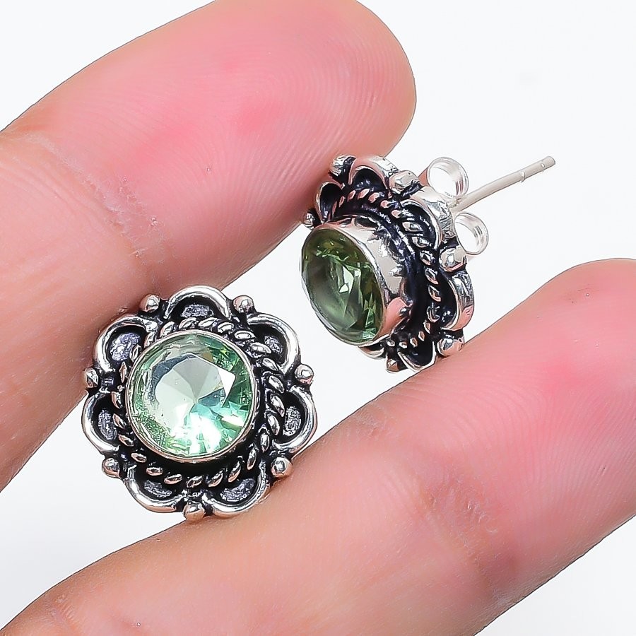 Green Amethyst Gemstone Handmade 925 Sterling Silver Jewelry Stud Earring