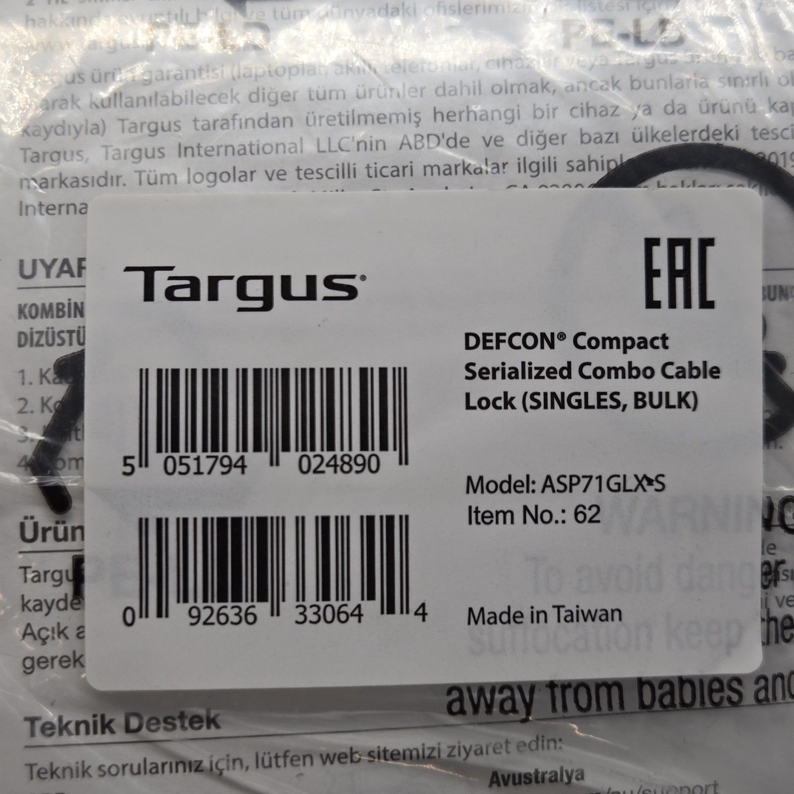 Targus ASP71GLX-S DEFCON Compact Serialized Combo Cable Lock - Black