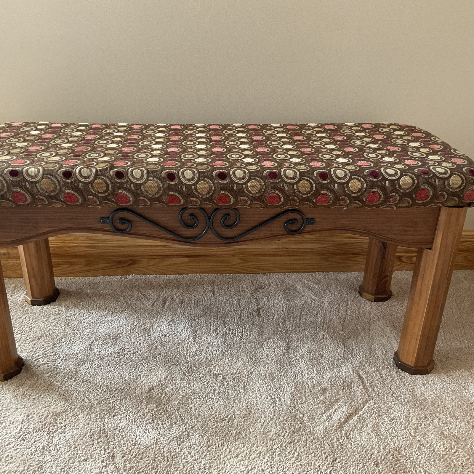 Solid Wood Bench w Iron Scroll Accent Upholstered Colorful Entryway Seat Bedroom