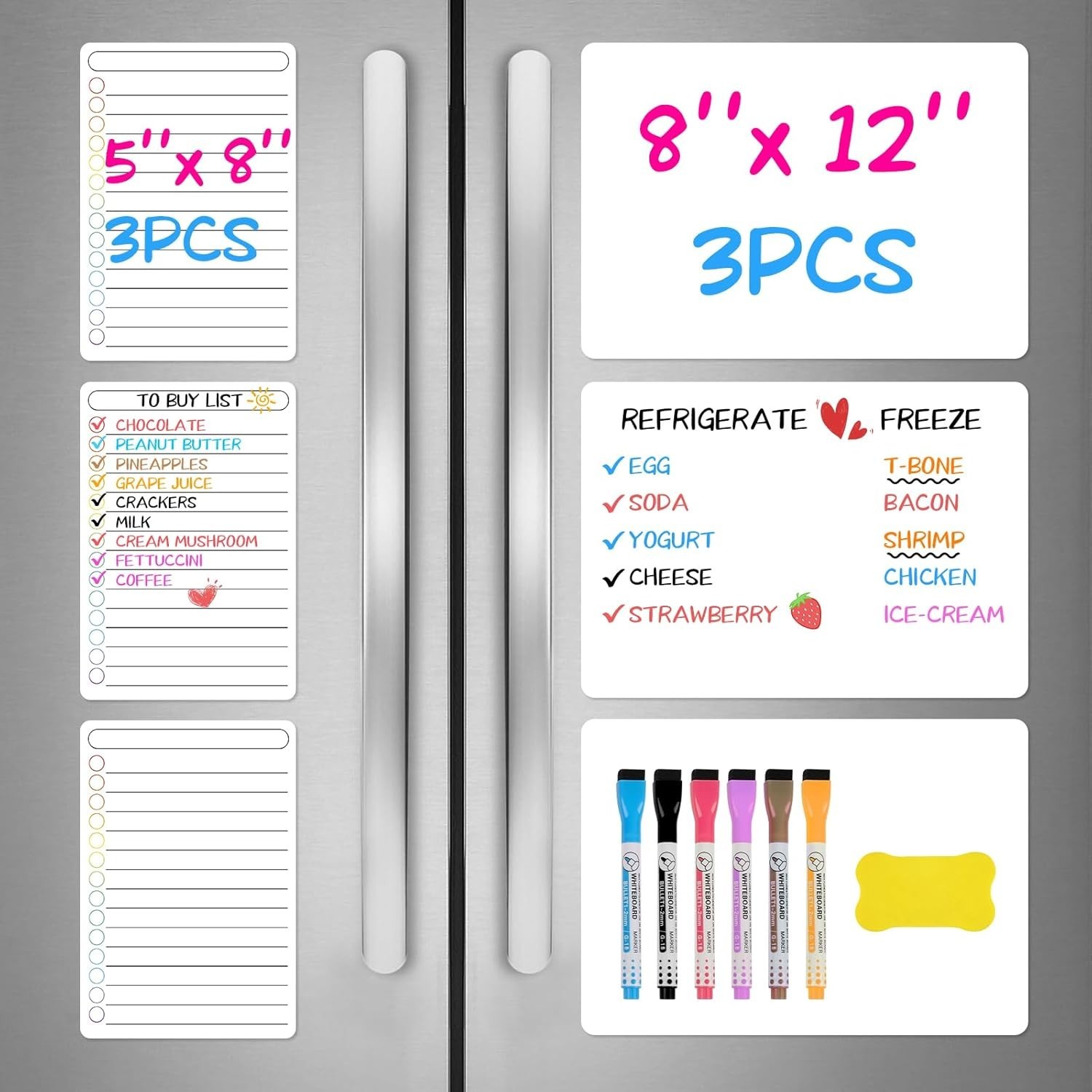 6 Pack Magnetic Dry Erase Boards, 3 (8'' X 12'') & 3 (5'' X 8'') for Fridge