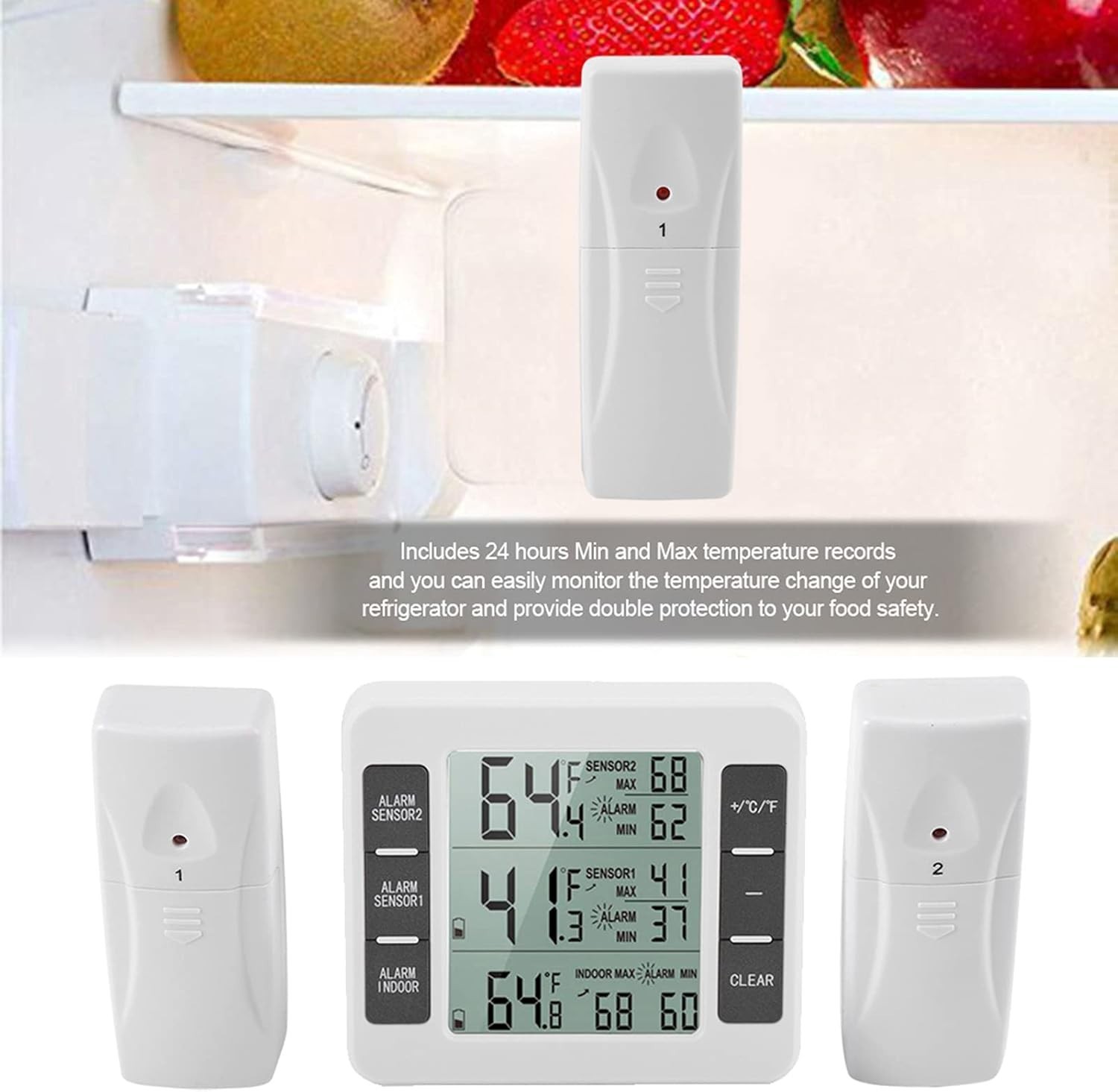 Digital Fridge Freezer Thermometer With Temperature Warning Alarm Max Min ℃/℉